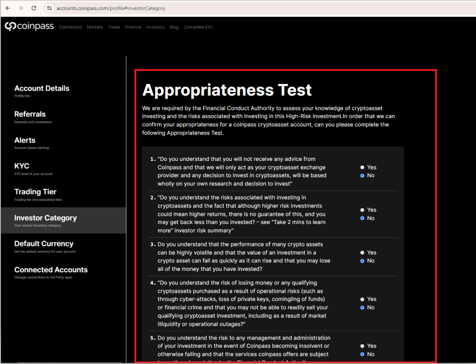 Accessing Investor Categorisation and Appropriateness Test – coinpass